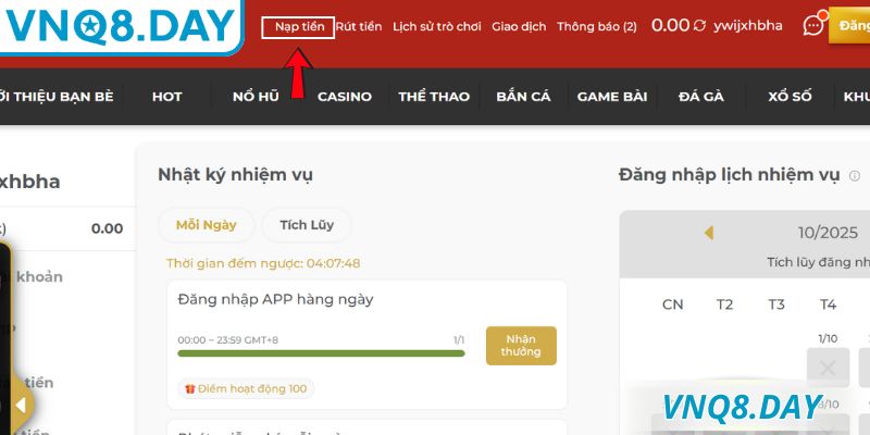 Các bước chi tiết cho thành viên nạp tiền VNQ8 
